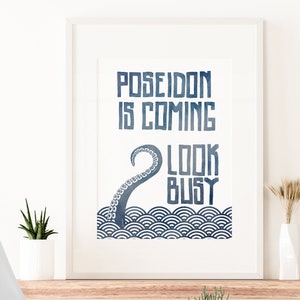 Poseidon komt kijken druk, grappige wand decor, minimalistische oceaan tentakel, blauwe zee, mid century moderne, afdrukbare poster