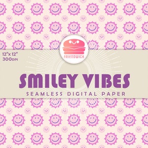 SMILEY VIBES, purple groovy retro happy face, seamless pattern, pink smiley face background, violet printable digital paper