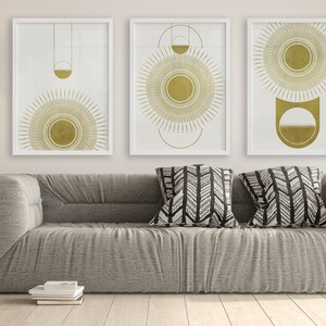 Sunrise, Boho Wall Decor, Minimalist Sun and Earth Wall Art 3 Print Set, White Space Gold Sun, Mid Century Modern, Printable Poster