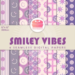 SMILEY VIBES, fioletowa, groovy retro uśmiechnięta buźka, bezszwowy wzór, różowe tło uśmiechniętej buźki, fioletowy papier cyfrowy do druku