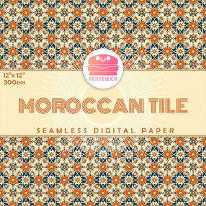 Carta digitale marocchina Summer Tile, calda carta Scrapbook ornamentale, carta mediterranea, fiori di piastrelle arancioni e verde acqua, festa marocchina