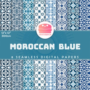 Carta digitale marocchina con piastrelle blu e bianche, carta per album ornamentali Aqua, carta mediterranea, fiori di piastrelle blu, festa marocchina