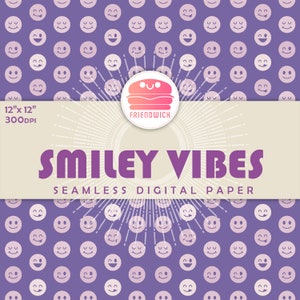 SMILEY VIBES, purple groovy retro happy face, seamless pattern, pink smiley face background, violet printable digital paper