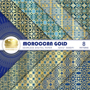 Carta digitale marocchina in oro e piastrelle blu, carta per album ornamentale lucida, carta mediterranea, fiori di piastrelle blu, festa marocchina