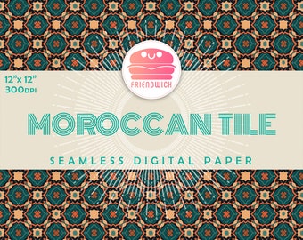 May include: A seamless digital paper pattern featuring a Moroccan tile design in shades of teal, orange, and black. The pattern is 12 inches by 12 inches and 300 DPI. The text "MOROCCAN TILE" and "SEAMLESS DIGITAL PAPER" is displayed on a beige background.