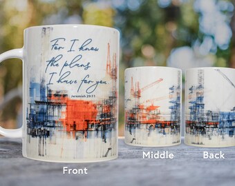 Jeremiah 29:11 Promise Keeper 15 oz Inspirational Mug | Abstract Cityscape, Bible Verse, Blessed Beginnings Collection