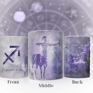Sagittarius Zodiac Mug Gift - 15oz Purple Coffee Ceramic Cup with Archer Symbol, Sign, Power Color, & Constellation Stars