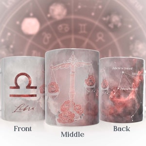 Libra Zodiac Mug Gift - 15oz Pink Coffee Ceramic Cup with Scales Symbol, Sign, Power Color, & Constellation Stars