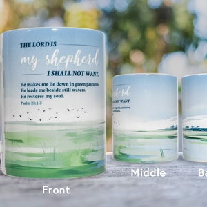 Psalm 23:1-3 &#39;The Lord is my shepherd&#39; 15 oz Inspirational Mug - Green pasture, Bible Verse, Blessed Beginnings Collection