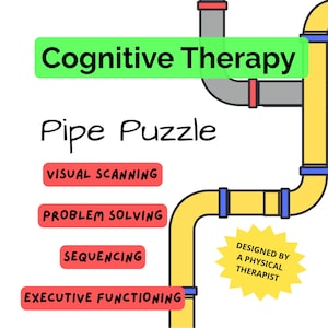 Peut inclure: Illustration colorée pour un jeu de thérapie cognitive. L'image présente un puzzle de tuyaux jaunes avec des tuyaux gris et des connecteurs rouges. Le texte comprend "Cognitive Therapy", "Pipe Puzzle" et des compétences comme "Visual Scanning".