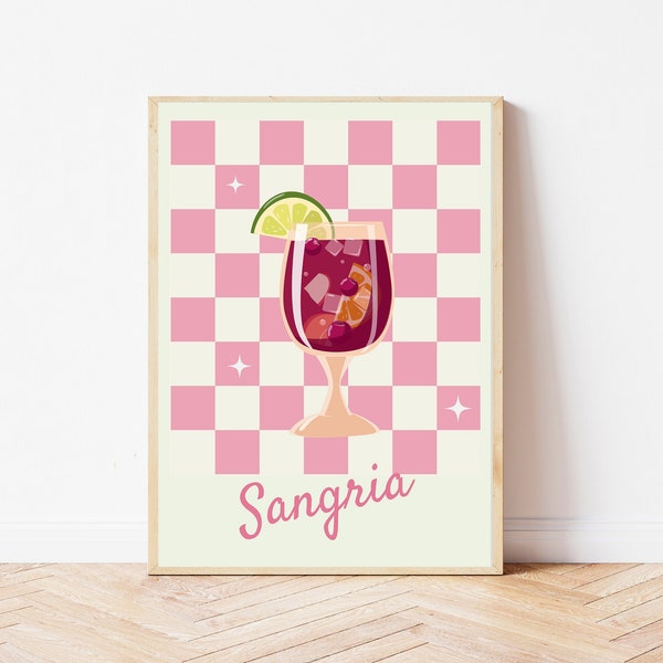 Retro Sangria Print, Colorful Bar Art,  Gallery Wall Set, DIGITAL DOWNLOAD, Retro Cocktail Posters, Bar Printable Art, Drinks Wall Decor