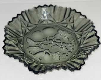 Vintage Federal Glass Plate from the Pioneer line with Fruit Pattern Ruffled Edge smoked Gray glass Heavy Retro Decor