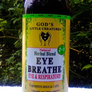 May include: A 4 ounce bottle of God's Little Creatures Eye Breathe Natural Herbal Blend 2 in 1 Eye & Respiratory for dogs and cats. The bottle is yellow with green and black text. The bottle has a dropper top.