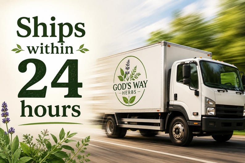 May include: A white delivery truck with the text "God's Way Herbs" and a logo featuring herbs. The truck is in motion on a road, with blurred green trees in the background. Text on the image says "Ships within 24 hours".