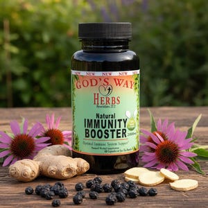 May include: A black bottle of "GOD'S WAY Herbs" Natural Immunity Booster, with text and a green label. The bottle is surrounded by purple coneflowers, ginger root, black berries, and sliced ginger on a wooden surface.