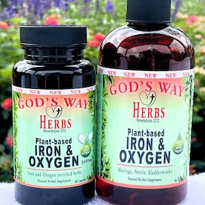 Iron & Oxygen (60ct) Natural Herbal supplement formula and Tonic, Dr Sebi green food with iron plus, moringa, nettle, bladderwrack, chaparral and more by Gods Way Herbs