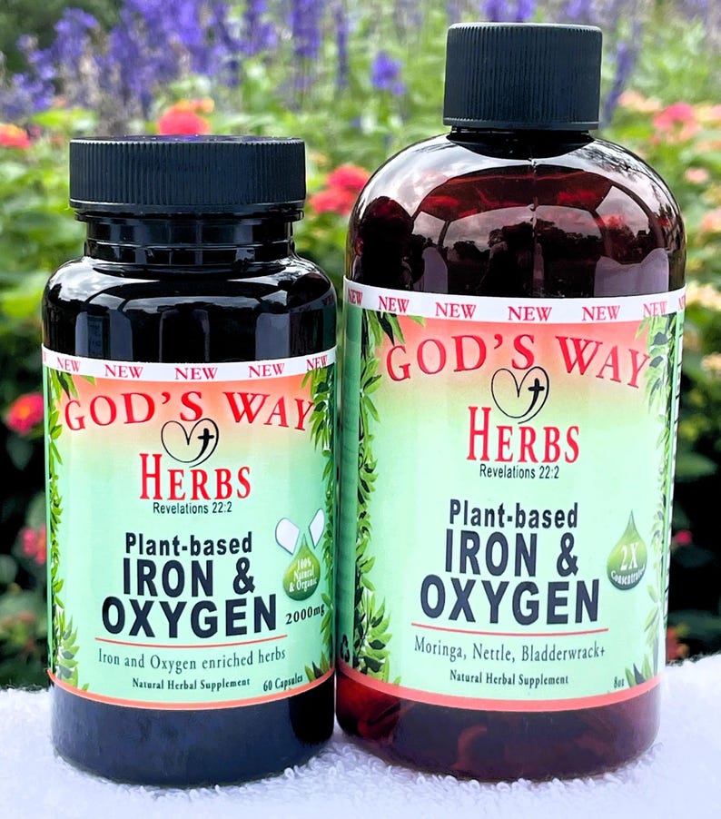 Iron & Oxygen (60ct) Natural Herbal supplement formula and Tonic, Dr Sebi green food with iron plus, moringa, nettle, bladderwrack, chaparral and more by Gods Way Herbs