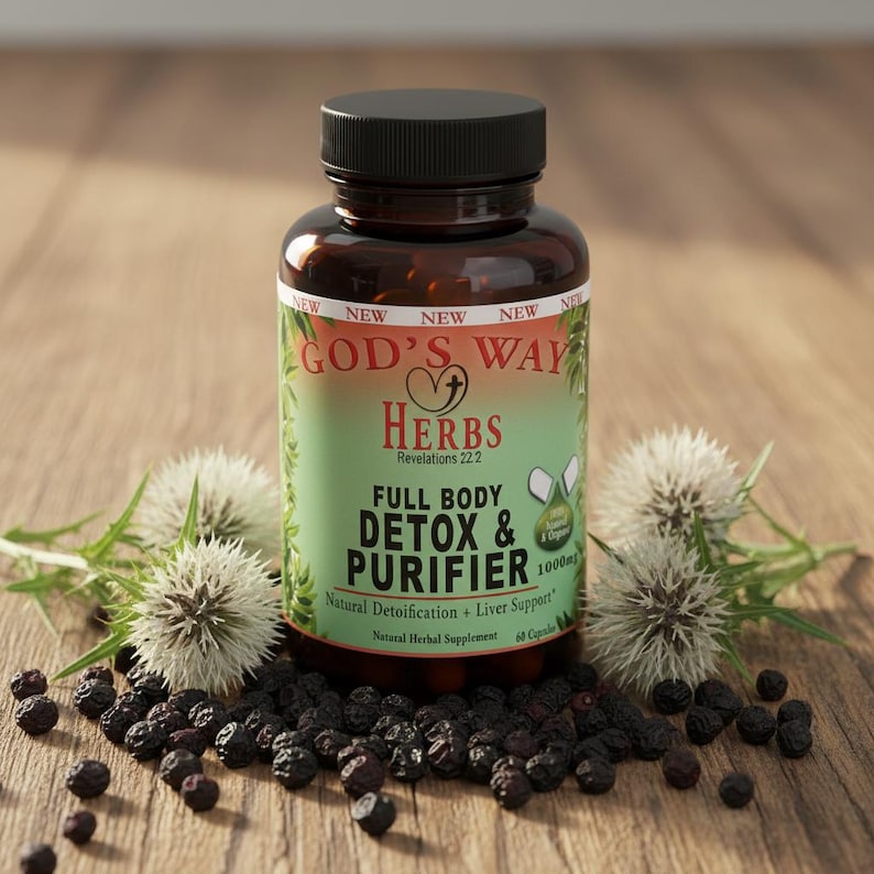 Full Body detox Herbal Supplement on table with elderberries, burdock root, chaparral and yellowdock root.