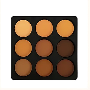 May include: A black makeup palette with nine circular pans of varying shades of foundation. The colors range from light beige to deep brown, suitable for diverse skin tones. The palette is designed for contouring and highlighting.