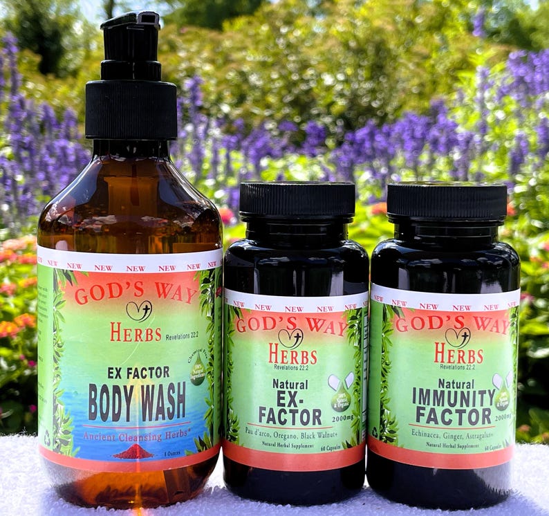 Op de afbeelding: Drie flessen met kruidensupplementen met het label "God's Way Herbs". De flessen zijn van bruin glas met zwarte doppen. De etiketten zijn groen en wit met de productnamen "Ex Factor Body Wash", "Natural Ex-Factor" en "Natural Immunity Factor".