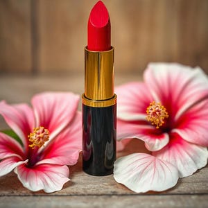 Könnte beinhalten: Ein roter Lippenstift mit goldenem Band und schwarzem Gehäuse, der auf rosa Hibiskusblüten liegt.