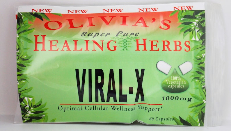 Op de afbeelding: Een groen-wit pakket van Olivia's Super Pure Healing Herbs Viral-X, een 1000 mg supplement met 60 vegetarische capsules. Het pakket vermeldt "Optimal Cellular Wellness Support*"