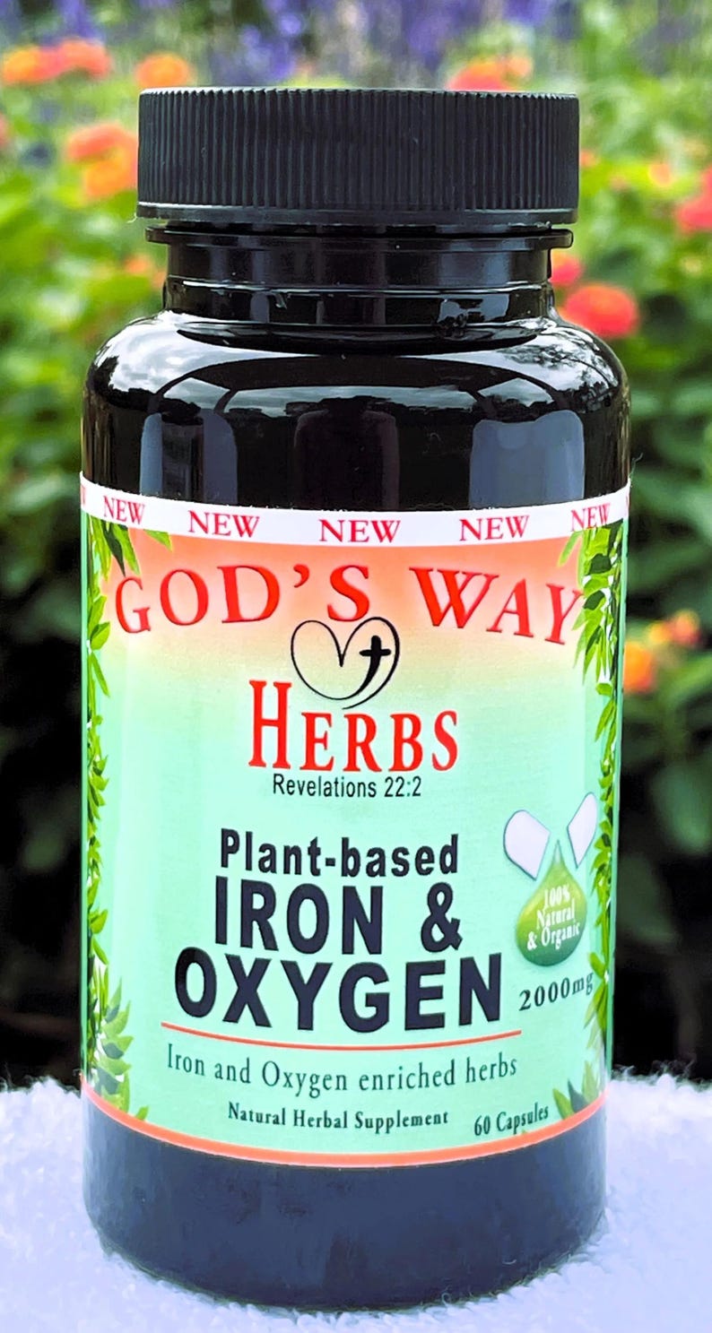 Iron & Oxygen (60ct) Natural Herbal supplement formula, Dr Sebi green food with iron plus, moringa, nettle, bladderwrack, chaparral and more by Gods Way Herbs