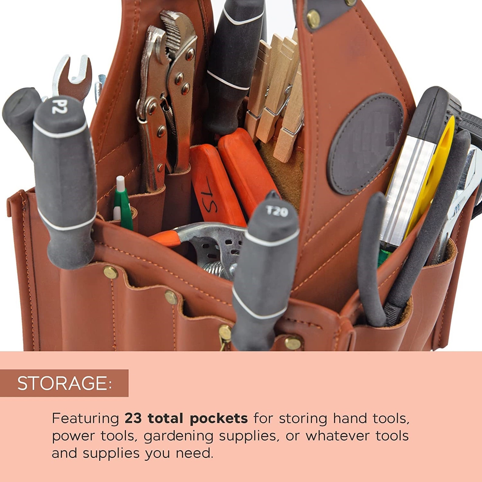 Leather Tool Tote Bag Bucket Maintenance Pouch Bag Organizer, 23 Pocket
