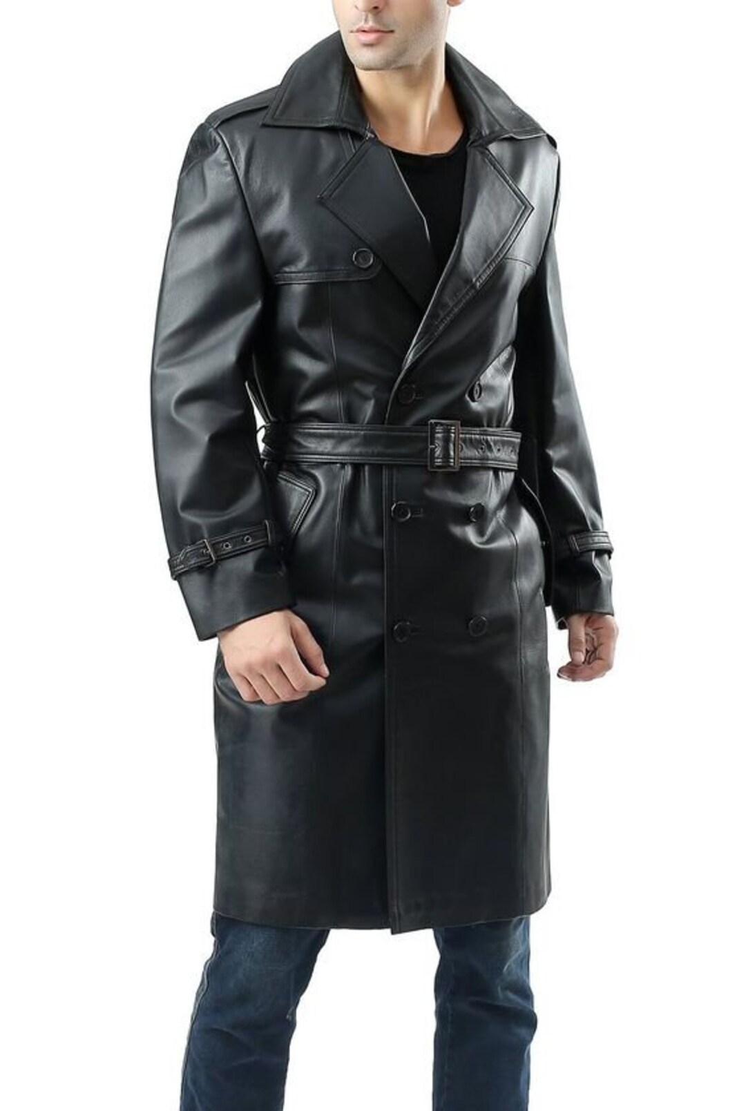 Black Leather Trench Coat for Men Classic Leather Long Nappa - Etsy
