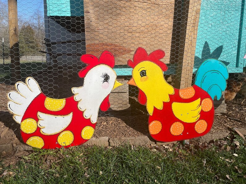 Hand Painted Wooden Yard Art Chicken Hen With Stake Etsy