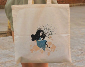 Girl, tote bag, multipurpose natural cotton fabric bag, insectrice, bag, screen printing, illustration