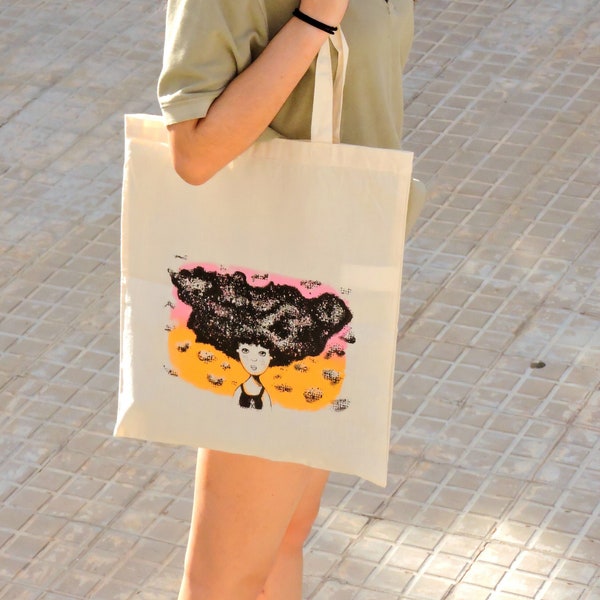 Wolkenhaariges Mädchen, Einkaufstasche, Mehrzwecktasche aus natürlichem Baumwollstoff, Insektenreis, Tasche, Siebdruck, Illustration