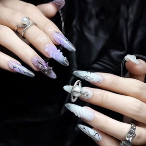 Unique Luxurious Purple White Press-on Nails, Handmade Elegant Y2k Style Design Nails Art, Custom Acrylic Nails, Halloween/ Xmas/ Party Nail
