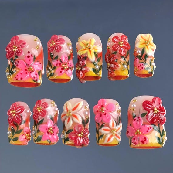 Handmade Tropical Floral Press On Nails | Colorful Hibiscus, 3D Flower Design