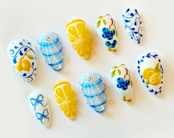 Lemon style Press On Nails, Handmade Luxurious Yellow Y2k 3D Gel Press-on Nails Elegant Fake Nails, Custom Nails, Party/ Halloween Gifts