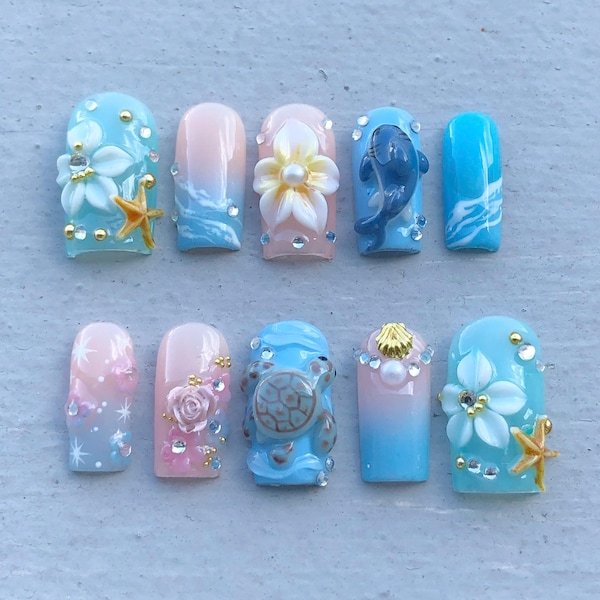 Handmade Ocean Paradise Press On Nails | 3D Turtle, Dolphin, Starfish & Tropical Flower Design