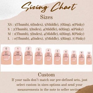 May include: A sizing chart for nail sizes, with a range from XS to L, and nail measurements in millimeters. The chart includes thumb, index, middle, ring, and pinky finger sizes. The bottom of the chart has instructions for custom sizes.
