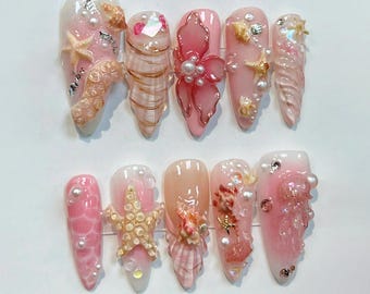 Unique PINK Summer Press-on Nails, Handmade Octopus, Jellyfish with Floral Nails Inspo, Custom Y2k Acrylic Nail Birthday Nail, Summer Nail