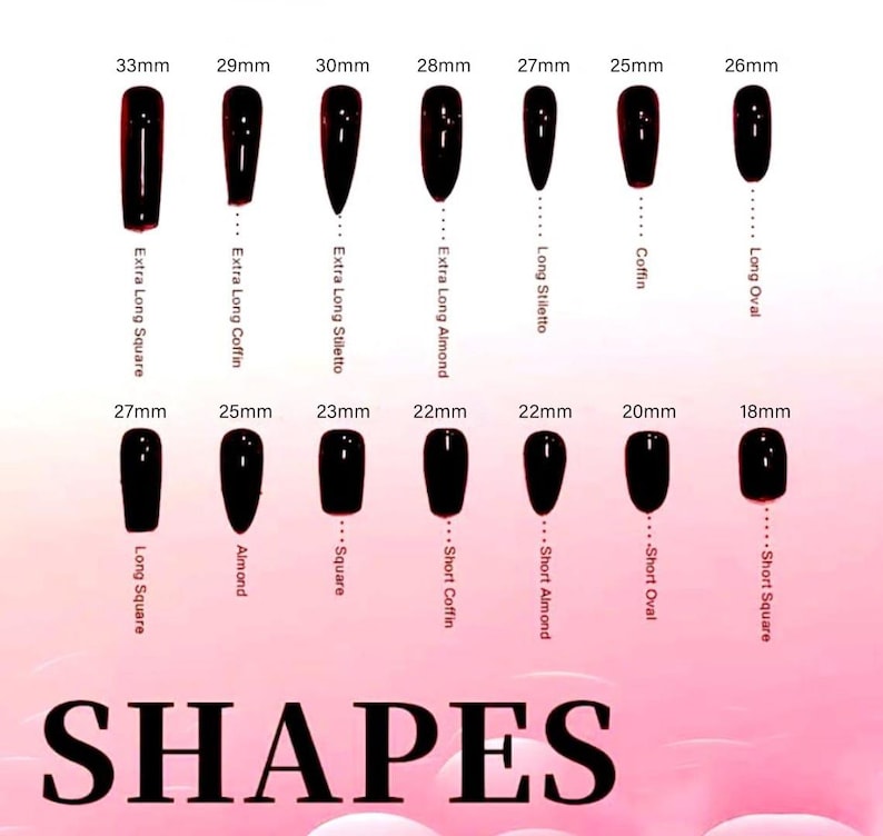 May include: A visual guide showcasing various nail shapes, including Extra Long Square (33mm), Extra Long Coffin (29mm), Extra Long Stiletto (30mm), and others. The image displays black nail designs with shape names and measurements.