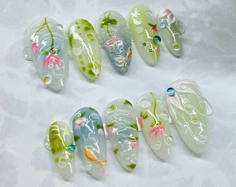 Green Style With Fish 3D Gel Press on Nails, Handmade Elegant Y2k Fake Nails, Luxury Nails, Custom Press-on Nails, Acrylic Party Nails Gifts