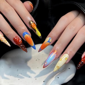 Unique Colorful  Press-on Nails, Handmade Elegant Luxury Design Nails Art, Custom Acrylic Nails, Party/ Christmas/ Halloween Nails Gift