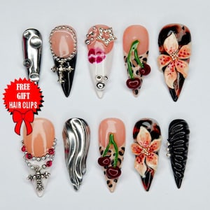Cute Cherry 3D Gel Nails, Custom Long Press-on Nails, Sweet Orchid Flower Nails Inspo, Unique Style Y2k Acrylic, Birthday Nails, Summer Nail