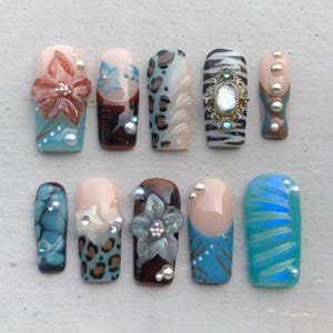 Handmade Artistic Combo Nails | Zebra, Leopard & Floral Ocean Design