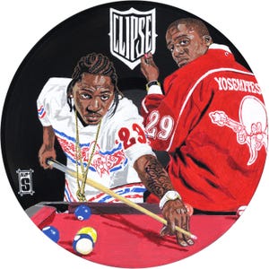 May include: Circular artwork featuring two men playing pool. One man wears a white jersey with the number 23, the other a red jacket with "Yosemites" on the back. The artwork has the word "CLPSE" at the top.