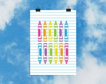 Impressão digital de parede com giz de cera vintage em arco-íris | Decoração de parede descolada para sala de aula de professores | Impressões fofas de parede para professores | Decoração moderna e colorida com dopamina