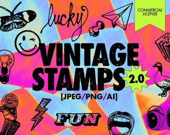 70 Vintage Stamp Icons | Retro Icon Pack | Clipart Bundle | Commercial Use Clipart | Digital Collage | Editable Canva Elements | Retro SVG