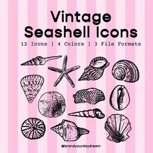 Paquete de imágenes prediseñadas de conchas marinas retro: 12 gráficos de conchas vintage e iconos oceánicos pastel para Cricut, scrapbooking, Junk Journaling, Canva y proyectos de bricolaje.