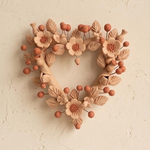 May include: A heart-shaped wreath crafted from light terracotta-coloured clay, featuring sculpted flowers, leaves, small spherical berries on thin wire stems, and tiny bird figures integrated into the floral arrangement along the frame.