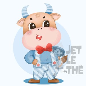 青い背景に立っている男の子のためのかわいい赤ちゃんバッファローの漫画、バッファローのクリップアート、かわいい動物アート、壁アート、子供部屋の装飾、デジタルダウンロードプリント、クール