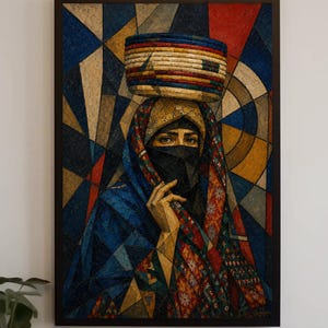 Peut inclure: Une impression d'art mural encadrée représentant le portrait d'une personne portant un couvre-chef et un voile, avec un panier en équilibre sur la tête. Le fond se compose de formes géométriques dans des tons de bleu, rouge, jaune et beige.